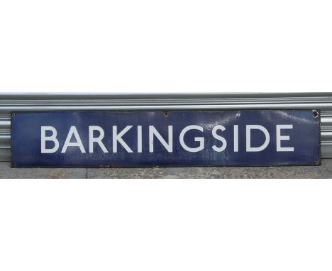 An original Barkingside enamel railway station sign, 148.5cms (58.5ins) x 27.5cms (10.75ins).Condition ReportThe surface has 