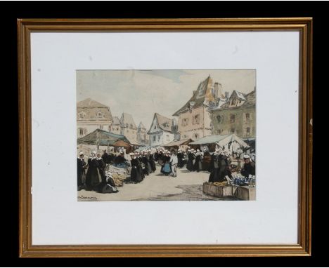 Henri Alphonse Barnoin (French, 1882-1935)- Petit marché- overpainted lithograph, framed and glazed. 28 by 21cm ( 11 by 8.25 