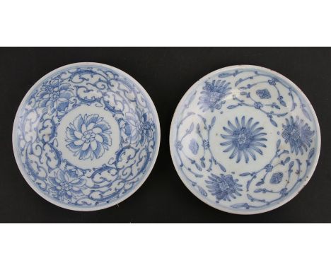 Two Chinese blue &amp; white shallow dishes decorated with flowers, each with blue seal mark to the underside, 15cms (6ins) d