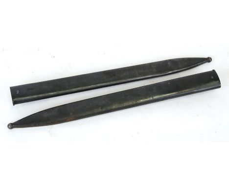 Two WW2 period metal bayonet scabbards. Each scabbard is impressed on the frog hook with a Z inside a circle and an M inside 