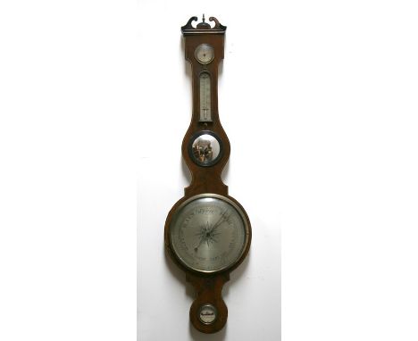 A 19th century mahogany barometer, thermometer, hydrometer with central convex mirror. 109cm (43 ins) high