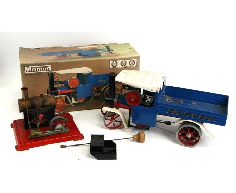 A Mamod steam wagon, boxed, 40cms (14.75ins) long; together with a Mamod stationary engine (2).