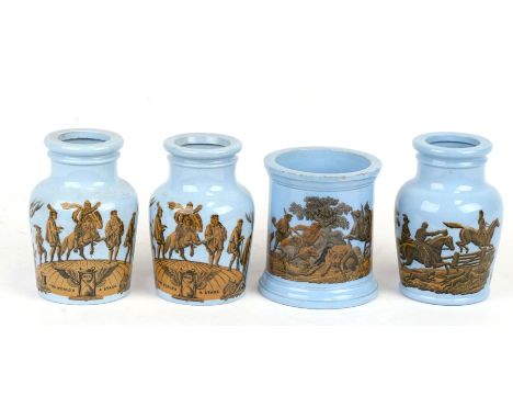 Four 19 the century Prattware pots, two with printed decoration of Shakespearean scenes and two with hunting scenes, the larg