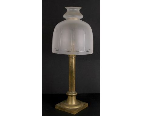 A George III style brass candle lamp with etched frosted glass shade, 65cms (25.5ins) high.