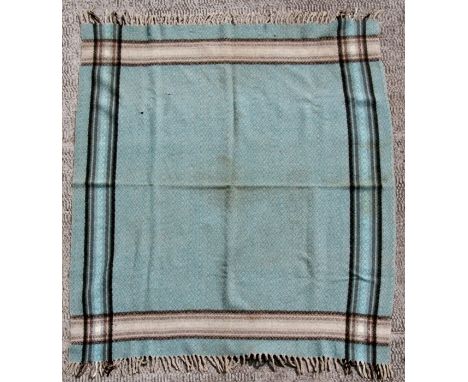 A 19th century wool blanket (possibly Welsh) with tasselled ends, woven in pastel shades of blue and brown, 153 by 126cms (60