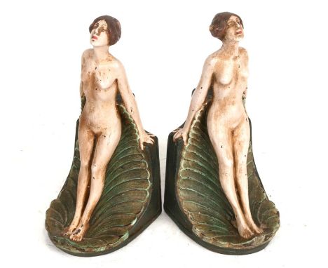 A pair of Art Nouveau painted plaster figural bookends, Compton Pottery style, 21cms (8.25ins) high.Condition Reportsome pain