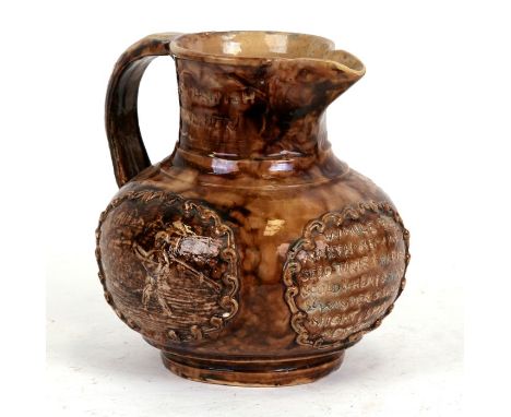 Edward Bingham,  Castle Hedingham Pottery (1864-1901) harvest jug decorated with sgraffito decoration, 22cms (8.75ins) high.