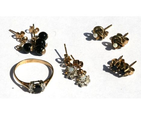 A 9ct gold sapphire set dress ring; together with four pairs of gold earrings, total gross weight 5.7g.