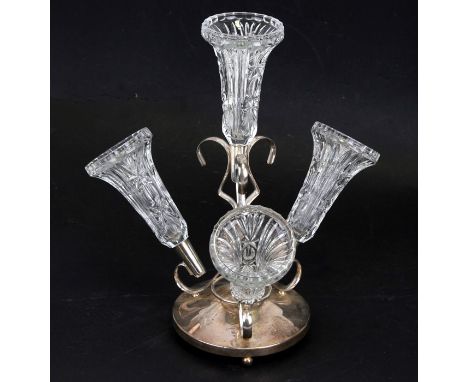 A silver plated epergne with four pressed glass flutes, 30cms (12ins) high.