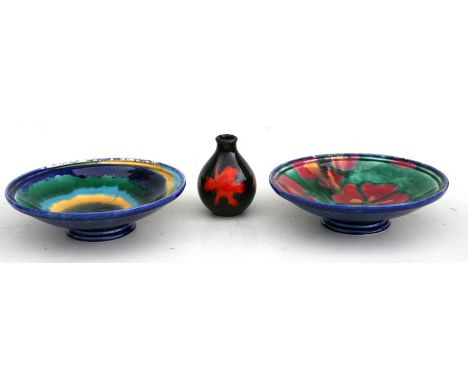 Two Poole Pottery footed bowls designed by Janice Tchalenko, 27cms (10.5ins) diameter; together with a Poole Pottery vase, 12