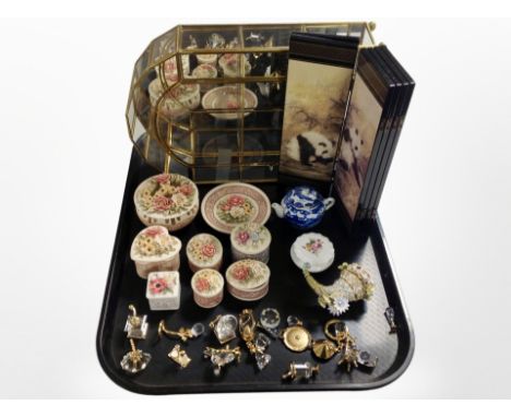 A brass and glass trinket display stand, together with assorted miniature crystal ornaments, resin trinket boxes, miniature l