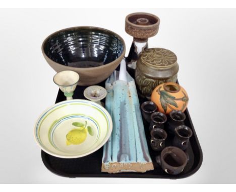 A group of Danish studio pottery wares, fruit bowl, candlestick, wall pocket etc 