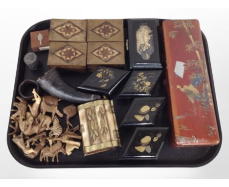 A Japanese export lacquered trinket box, several other boxes, carved animal ornaments etc 