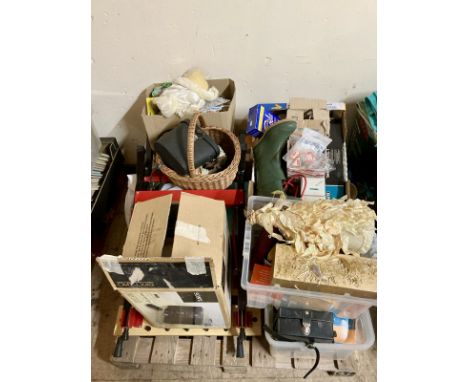 A pallet of sundries, Christmas decorations, light bulbs, binoculars, hardware etc&nbsp;