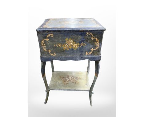 A 19th century French painted work table on cabriole legs, 42 cm wide x 33 cm deep x 63 cm high 