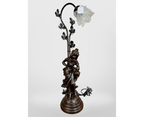 A resin and patinated metal figural table lamp with frosted glass shade, height 68 cm 