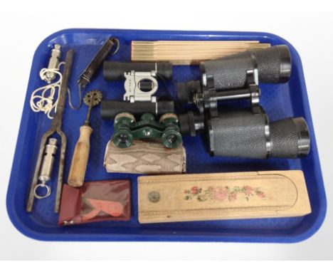 A group of binoculars, brass pastry cutter, pocket scale, whistle, folding rule etc 