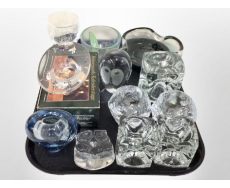 A group of 20th century Danish glass ware, Holmgaard oval dish, pairs of tea light holders, vases etc 