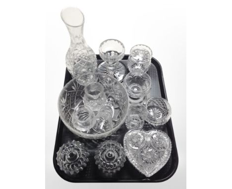 A group of crystal including vases, heart-shaped trinket box, pair of candle holders, fruit bowl.