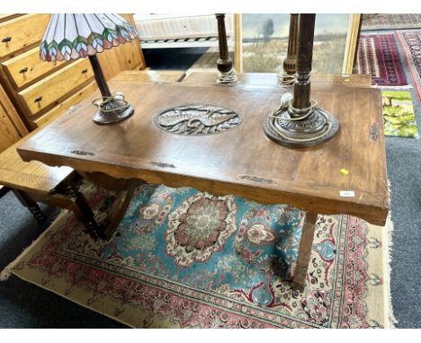An Eastern carved hardwood refectory dining table, length 143 cm 