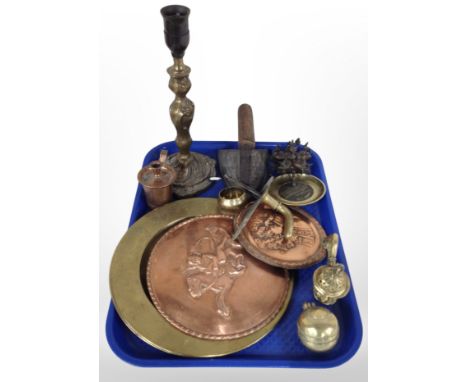 A group of metal wares, copper and brass plaques, Rococo style lamp base, iron etc 