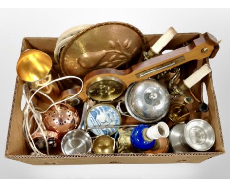 A box of teak barometer, metal wares, candlesticks, silver plated dish and cover etc 