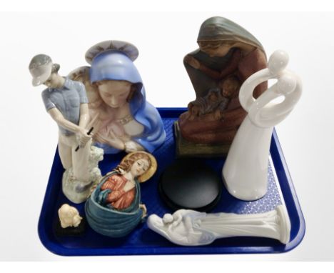 A group of ceramics including Italian porcelain figure of the Madonna and Child, Nao figure of a golfer, miniature carved bon