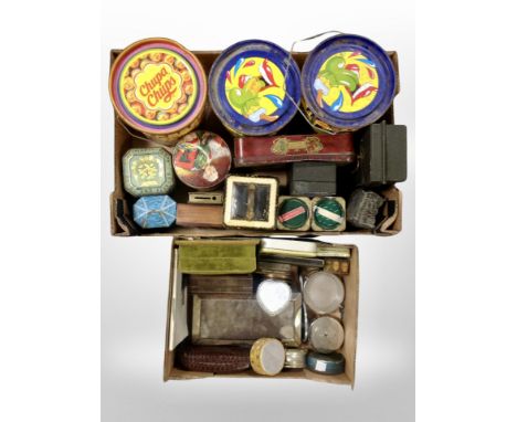Two boxes containing vintage tins, brass money box in the form of a book, antique cash box, oriental export trinket box, etc.