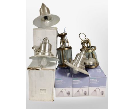 A group of contemporary lighting including Good Home wall lamps, pair of brass and circular glass pendant light fittings etc 