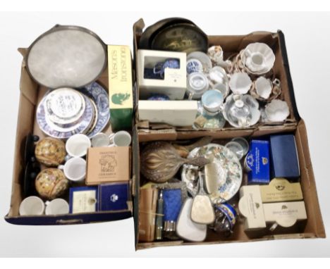 Three boxes containing assorted ceramics including Mason's, Aynsley, Rington's, dressing table brushes, silver-plated wares, 