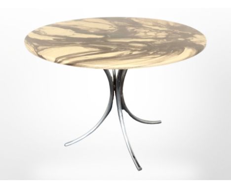 A circular faux marble topped table on chrome support, diameter 100 cm x 75 cm high 