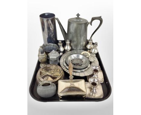 A group of antique silver plate and pewter wares including sifters, teapot, candlesticks, turned wooden handled table butler 