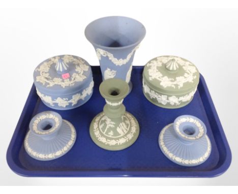 A group of Wedgwood Jasperware, vase, trinket boxes, candlestick etc  CONDITION REPORT: Vase restored.