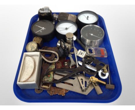A group of collectables including table lighter, hip flask, sugar cutters, bottle openers, several Georg Jensen timepieces, e