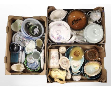 Three boxes containing assorted ceramics and glass wares, Carltonware leaf dishes, Japanese export ceramics, dinner wares.