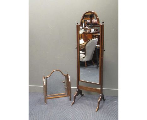 A Queen Anne style mahogany arch topped cheval mirror 161 x 53 x 49cm together with a mahogany triptych folding dressing tabl