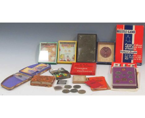 Group of vintage toys and puzzles, including ball bearing games; also a 1970 specimen UK coin set and few loose crown coins