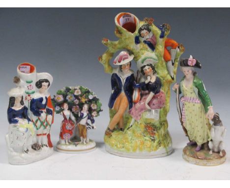A large collection of Staffordshire flatbacks and other ceramic figurines, tallest 32cm 