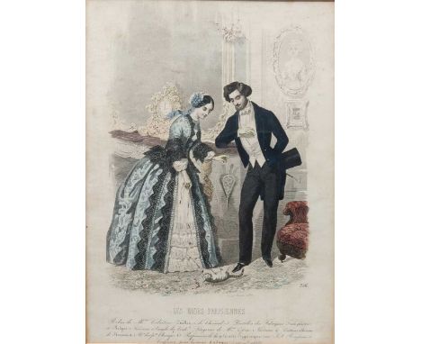 Four Parisian fashion magazine prints; a print of Lord Byron and a watercolour of an Edwardian lady in an evening dress, larg