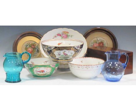 A porcelain floral painted bowl with wavy edge, a Worcester style bowl with printed decoration and two others, a tea caddy an