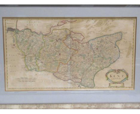 Robert Morden, Kent, hand coloured engraved map, circa 1700, 35 x 63cm (image), with two panoramic views of Malvern from the 