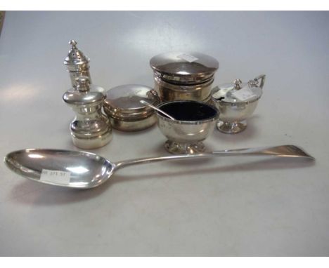 A silver trinket box, together with a silver pepper mill, a silver three piece condiment set, a silver snuff box and a silver