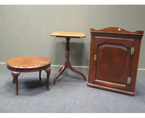 A 19th century mahogany tilt-top tripod table 74 x 51 x 48cm together with an oak corner cabinet 89 x 71 x 40cm and a walnut 