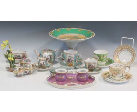 A Dresden style porcelain part tea service together with a Vista Alegre saucer, a pink and gilt inkwell, a ceramic tazza deco