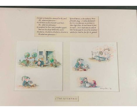 Mary Rees, The Eccentric, original illustration, mounted with accompanying text, signed and dated '87, watercolour and pen on