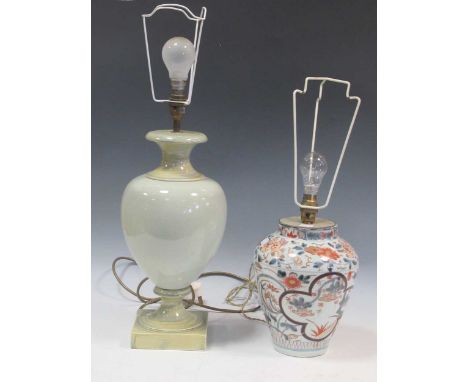 A green glazed ceramic balluster lamp together with another ceramic lamp in imari pallette, tallest 62 cm high (2)