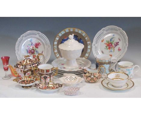 A Royal Crown Derby Imari pattern tea pot, twin handled jug, bowl and milk jug together with a Herend pierced ceramic basket 