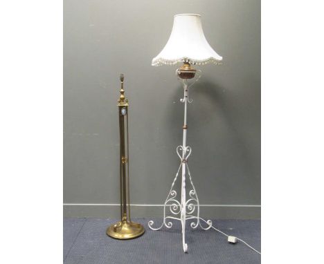 A white pained bent metal oil lamp converted for electricity 168cm together with a brass standard lamp with jasperware type p