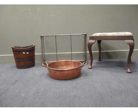 A brass bound mahogany coal bucket, large copper dish, brass and wirework spark guard, and a George III style foot stool with