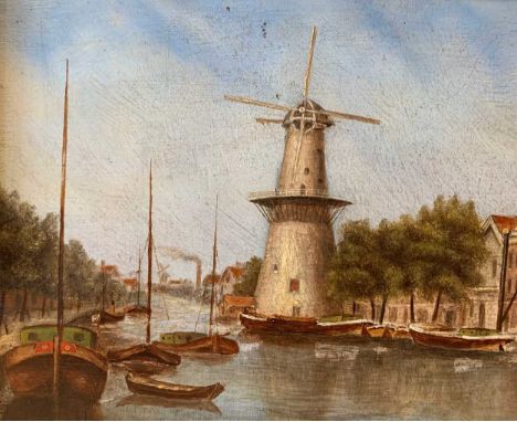 Dutch canal scene with a watermill, circa 1900oil on mahogany panel, 18 x 22;Houses by a riveroil on Reeves &amp; Sons canvas